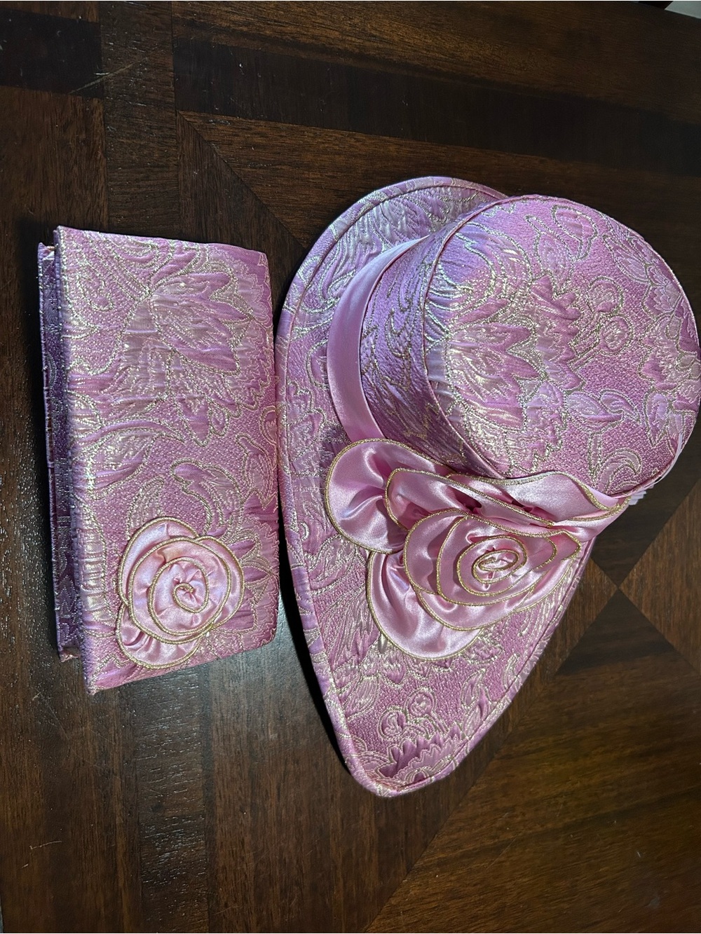 Sundays by Nubiano Metallic Pink Brocade Church Hat & Matching Clutch Set